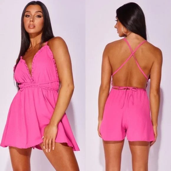 Pants - Pink Sleeveless V-Neck Backless Open Back Romper Playsuit